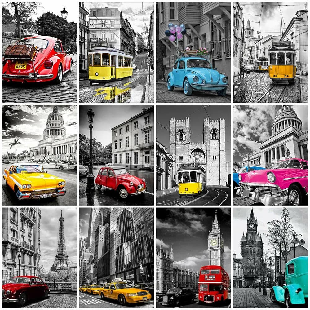 Diamond Painting Car Street Full Square Round Diamond Embroidery Black Yellow Landscape Cross Stitch DIY Home Decor