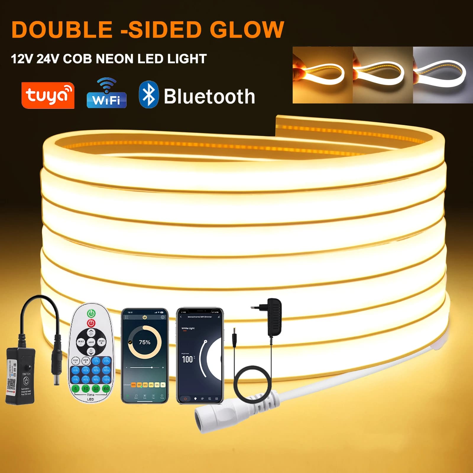 Striscia LED COB dimmerabile 12V 24V Tuya Wifi Bluetooth Nastro al neon flessibile Nastro 320LED Luce lineare alta Luce LED COB impermeabile