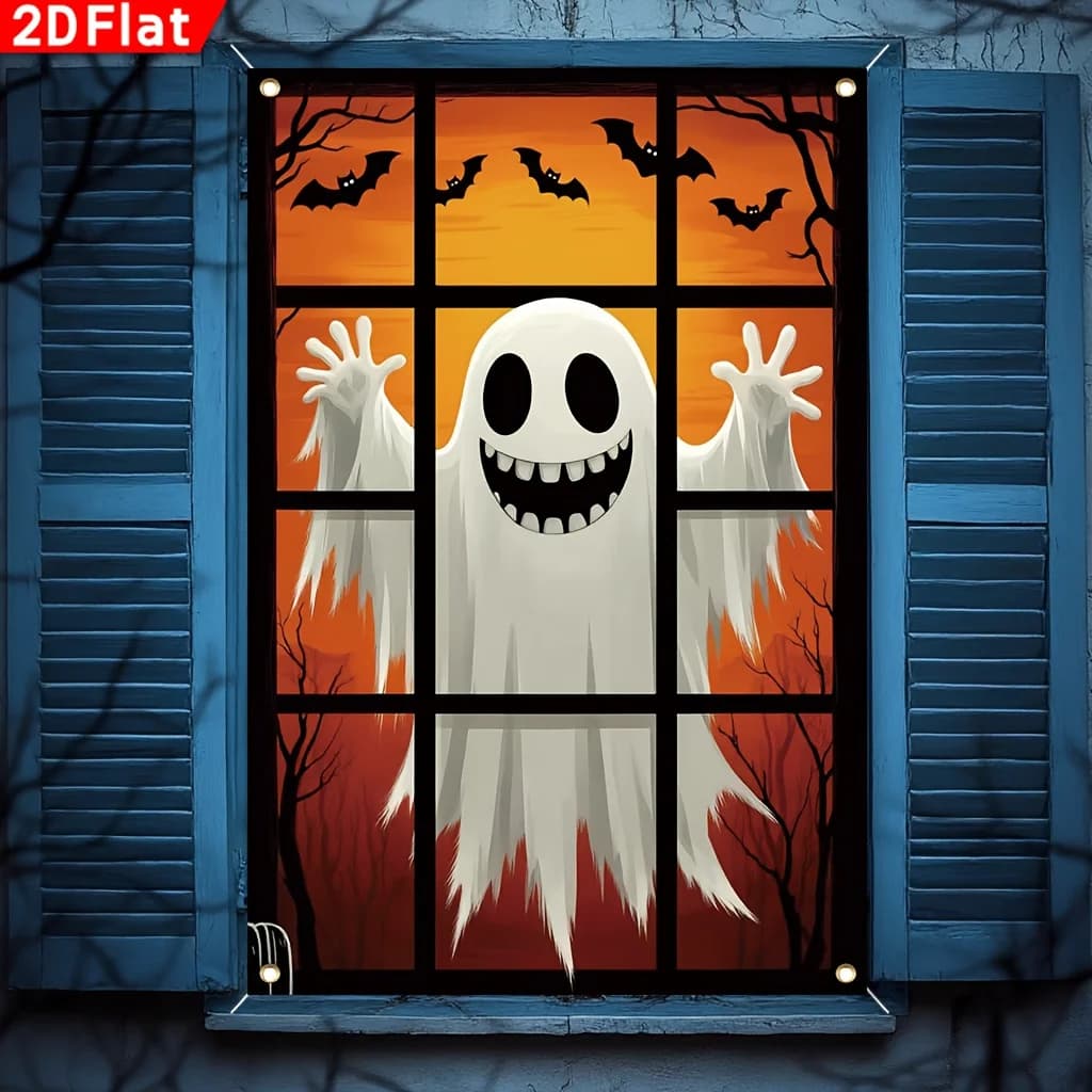 A 2D flat Halloween party banner. A friendly ghost is close to the window, and there are bats flying outside.