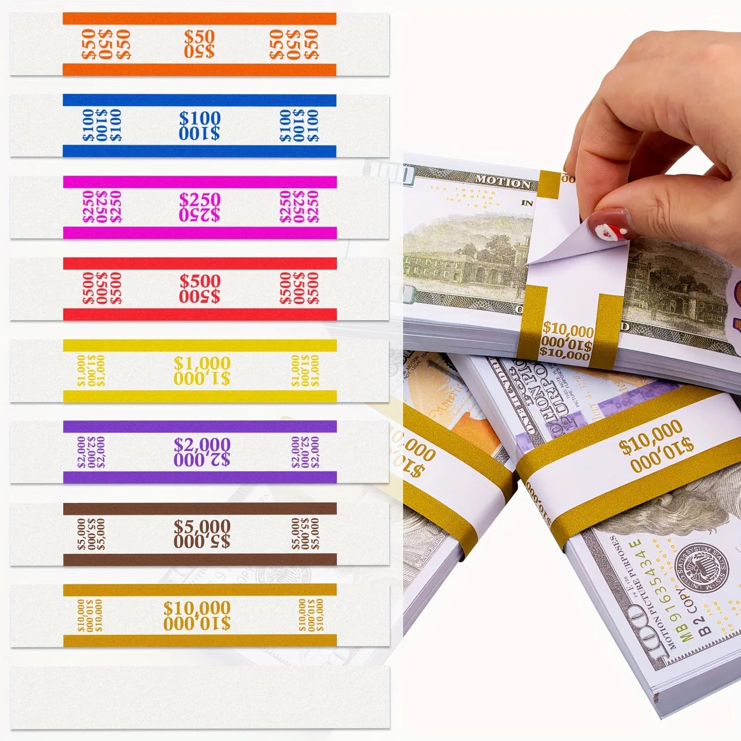 400 pezzi di cinturini per soldi assortiti, cinturini per soldi autosigillanti, fatturati, filo interdentale Duty-Kraft, per rilegatura di valuta in contanti, tutti Fake Clinton band