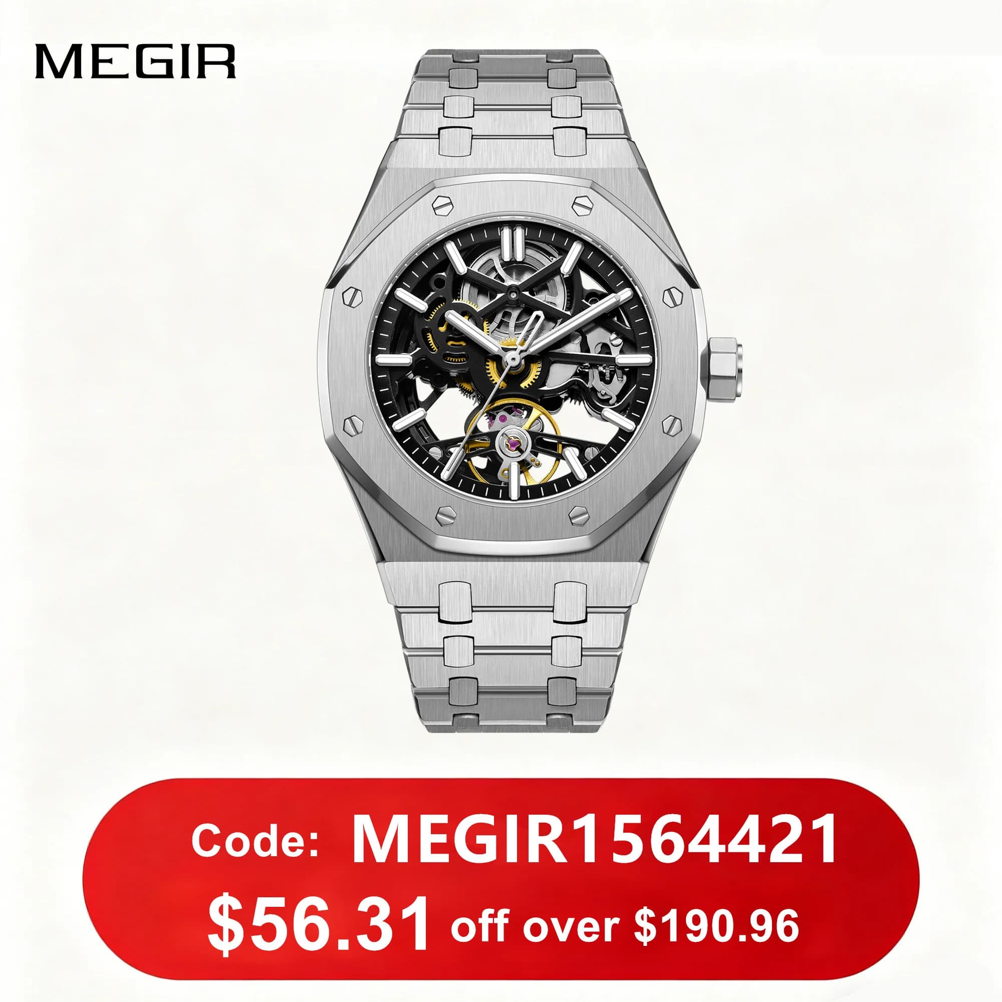 MEGIR Orologio Meccanico di Lusso per Uomo, Impermeabile, Movimento Automatico, Quadrante Traforato, Orologio da Polso in Acciaio Inossidabile 9005-4