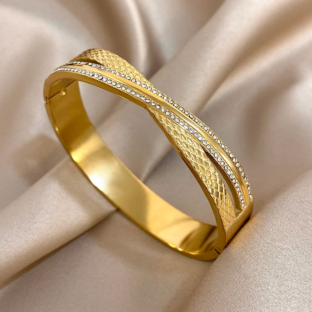Fashion Stainless Steel Cuff Bracelet for Women Men Delicate Rhinestone Geometric Textured Cross Bangle Bracelets Jewelry Gifts