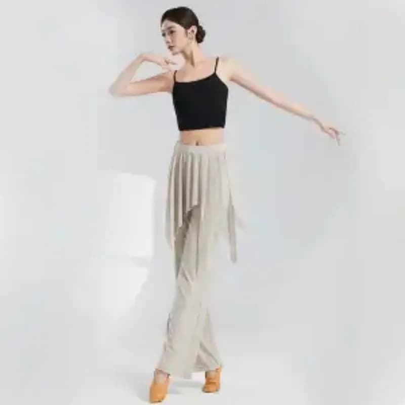 Pantaloni da ballo a vita alta da donna con gonna in rete trasparente, pantaloni a zampa in modal per danza moderna
