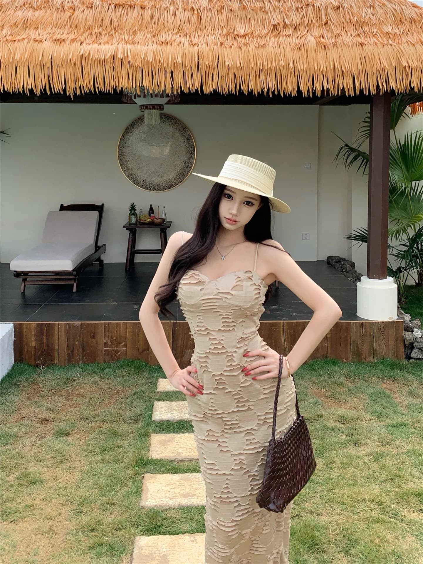 Pure Desire Sexy Knitted Strap Dress Women's Summer New Waist Cinching Slimming Beautiful Long Skirt Breathable Skin-Friendly