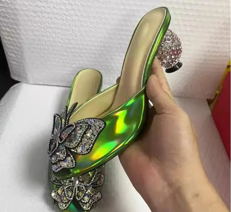 Laser Green Blue Leather Rhinestone Ball Heel Slipper Crystal Butterfly Mules Sandals Women Slingbacks Slip On Summer Shoes
