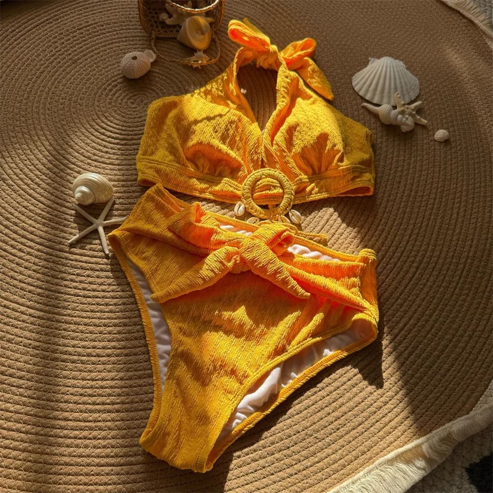 Costume da bagno sexy con anelli a conchiglia, bikini push up, costume da bagno senza schienale con scollo all'americana, abiti da vacanza da donna, costumi da bagno da bagno