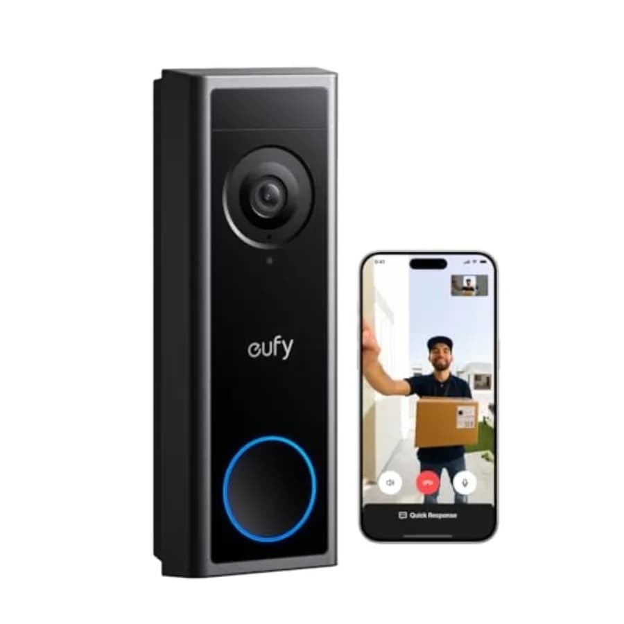 Video Doorbell Camera C31 for home security, aluminum alloy body, matte black, 2K FHD resolution with head-to-toe view, battery