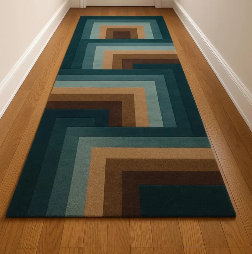 Modern Geometric Runner Rug Hand-Tufted Wool Hallway Carpet Teal Brown Contemporary Long Rug for Entryway Corridor Home Decor