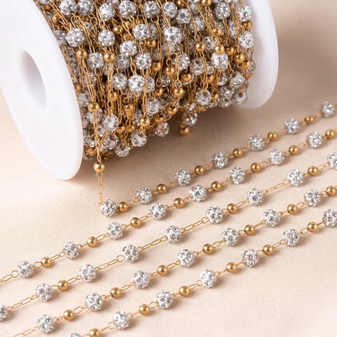 1meter Stainless Steel Beaded Chain for Jewelry Making Rhinestone Diamonds Round Disco Clay Beads Link for DIY Necklace Bracelet