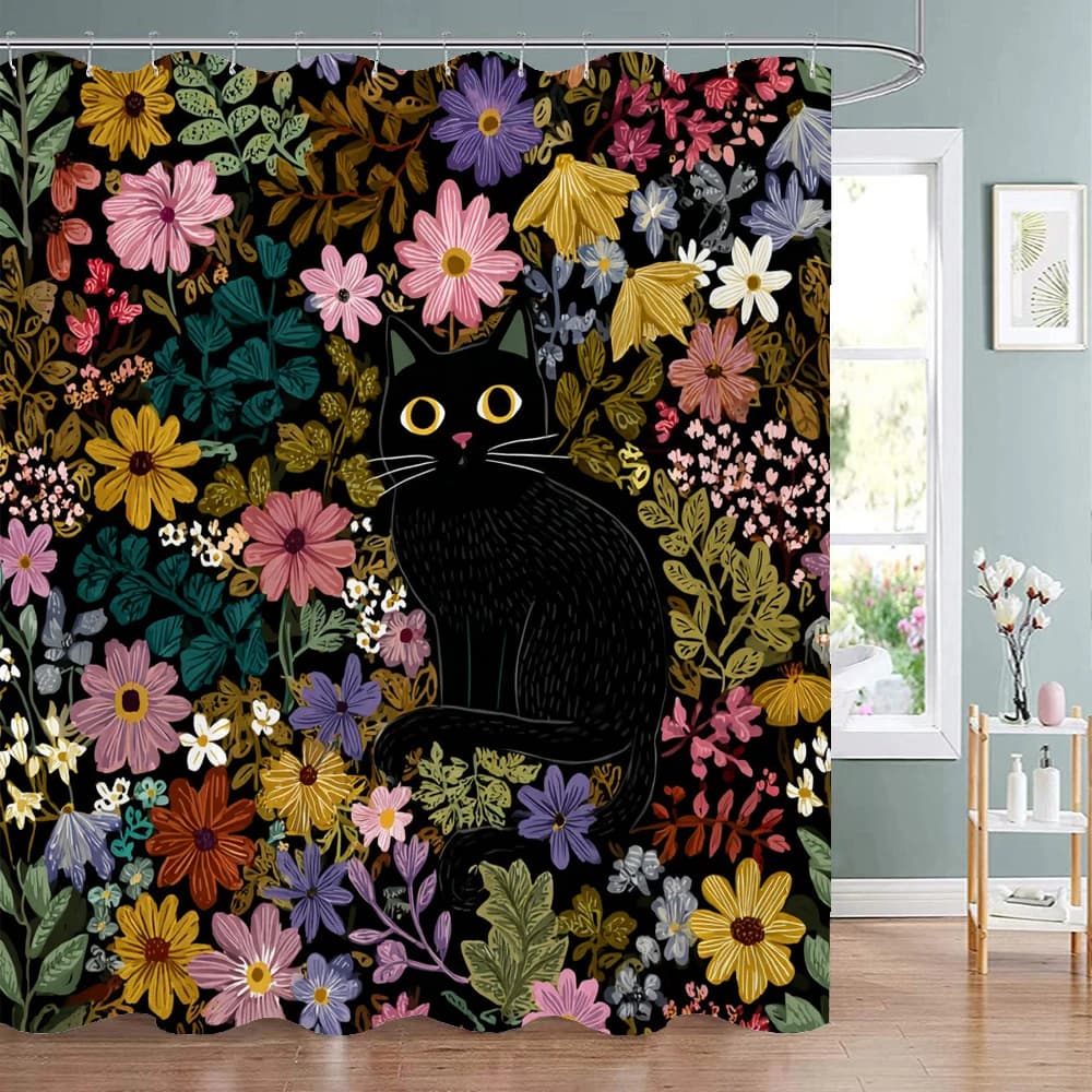 Tenda da doccia con motivo gatto, fiori e piante, tenda da doccia decorativa per bagno, tenda da doccia impermeabile con ganci