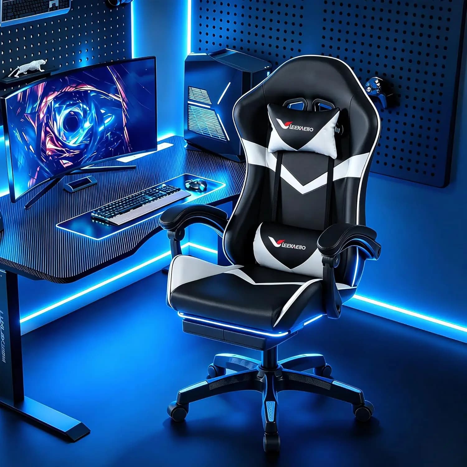 Gaming Chair for Adults, Ergonomic Computer Gaming Chair with Footrest & Lumbar Support, Height Adjustable 360° Swivel Reclining