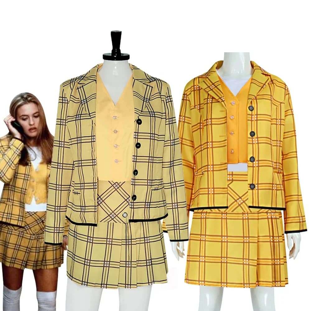 Film Clueless Cher Horowitz Costume Cosplay Donna Cappotto giallo Gonna Abito Uniforme scolastica Abiti di Halloween