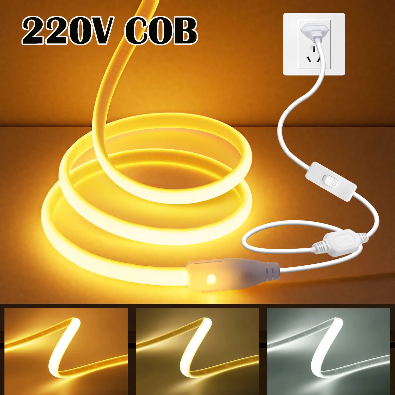 Striscia COB AC 220V con interruttore ON/OFF Bianco 3000K 4000K 6000K IP65 Impermeabile Decorazioni per la casa Nastro flessibile LED Luce al neon 1M-35M