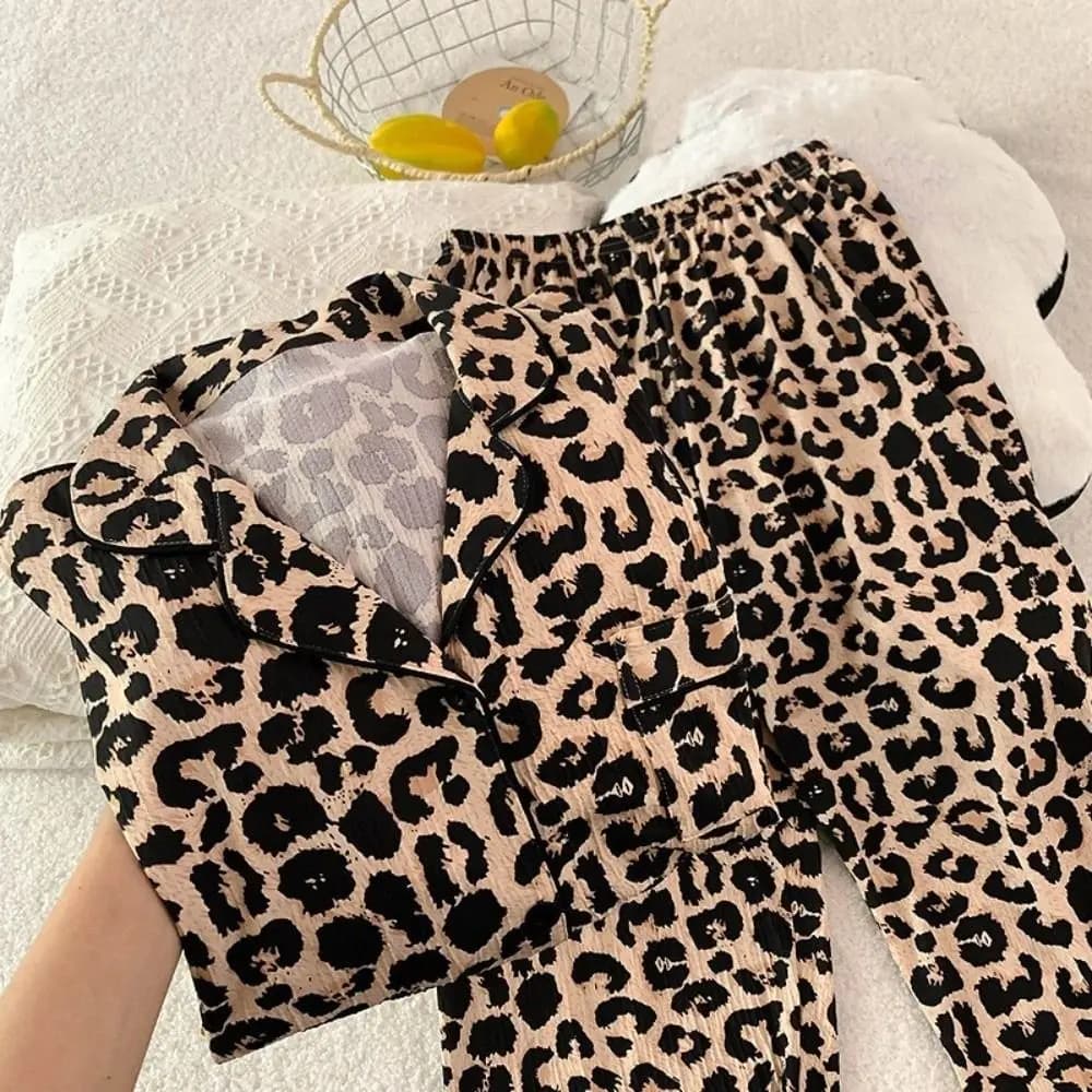 Comfortable Leopard Long Pajama Set Bow Bear Women's Loungewear Floral Homewear Lady Nightwear Suit Women