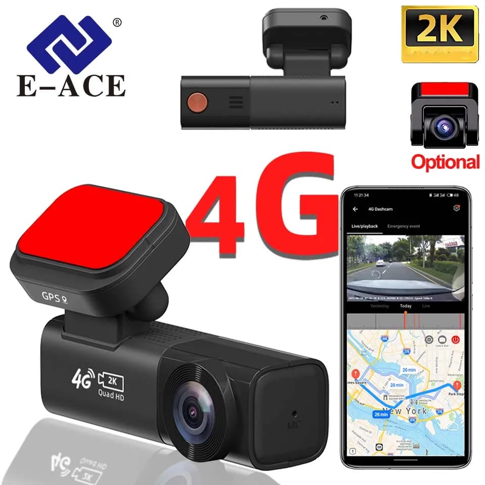 Telecamera per Auto E-ACE Mini 4G LTE con Streaming Live, Monitoraggio 24H, Doppia Telecamera, Tracciamento GPS, DVR 2K, Dash Cam con App Gratuita e Telecamera Posteriore 1080P