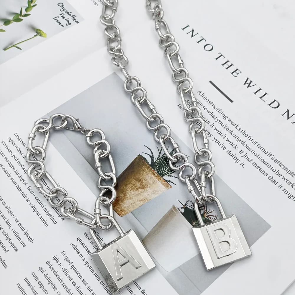 1 pz moda argento brillante colore Punk esagerato catena spessa 26 lettera blocco collana braccialetto per le donne uomo gioielli da festa