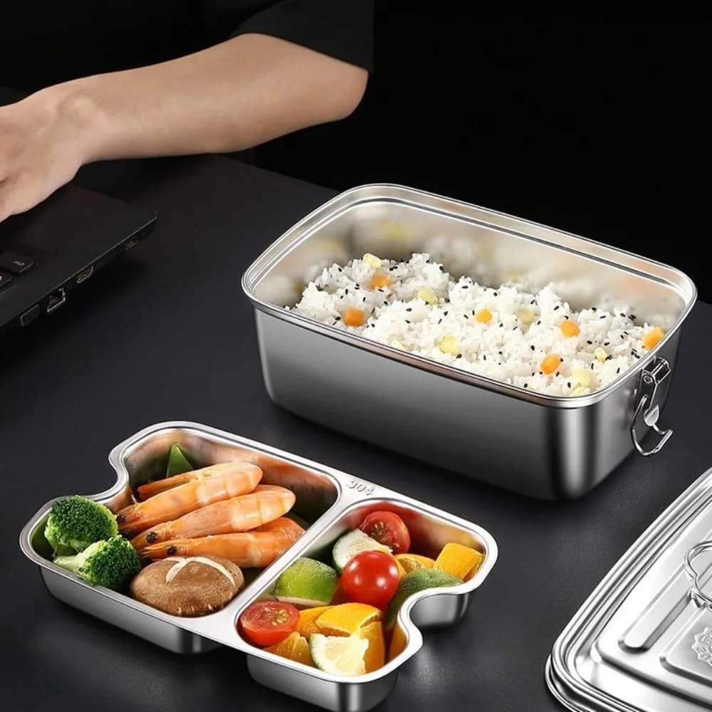 Scatola per il pranzo in acciaio inossidabile a doppio strato Scatola per il pranzo divisa per forno a microonde a prova di perdite con manico Scatola fresca antiscivolo da campeggio