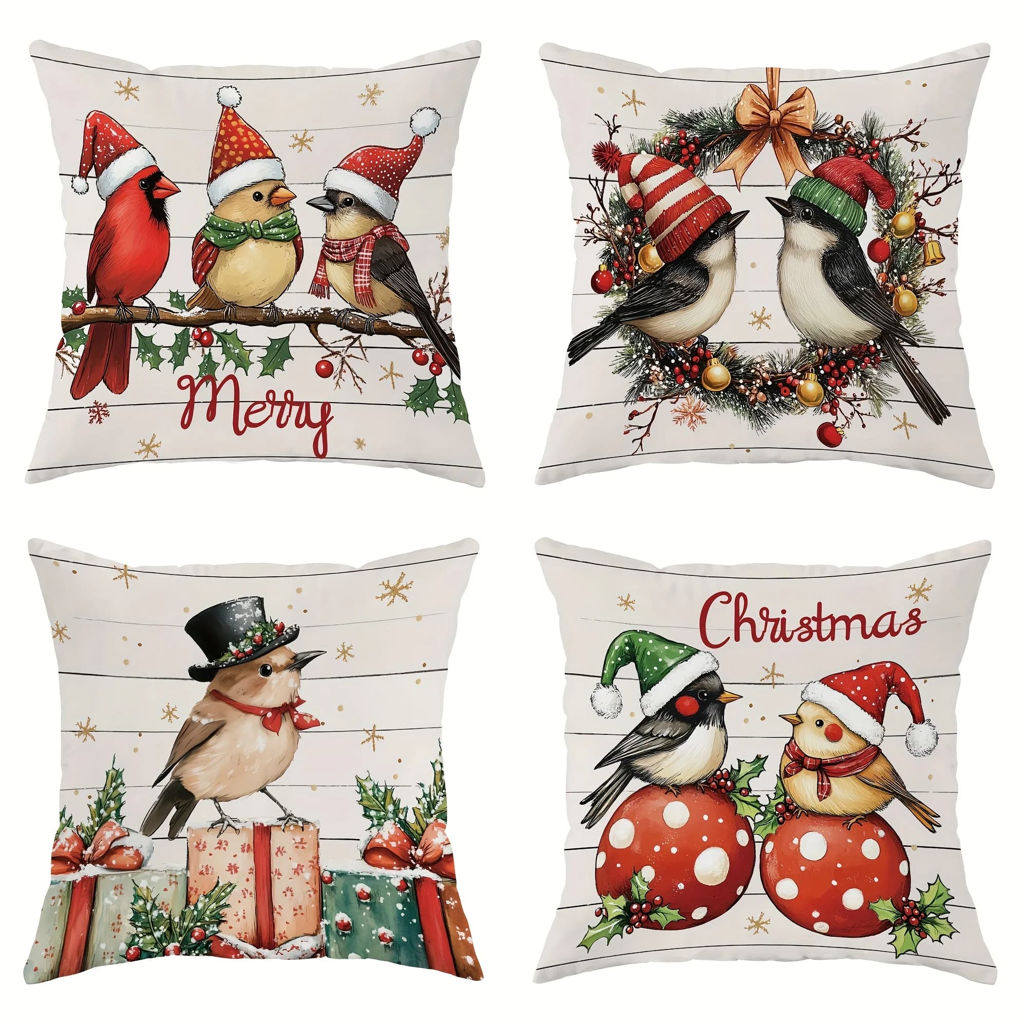 4pcs merry christmas decoration cardinal bird holly ball santa hat velvet throw pillow covers cute funny red green cosy soft