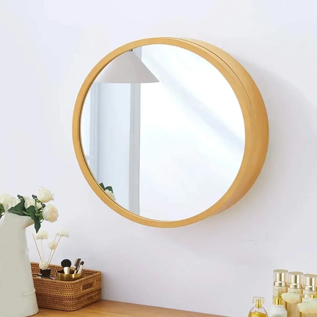 Armadietto a Specchio Scorrevole Rotondo per Bagno, Armadio a Muro per Camera da Letto, Armadietto Portamedicinali con Specchio e Chiusura Ammortizzata, Cornice in Legno