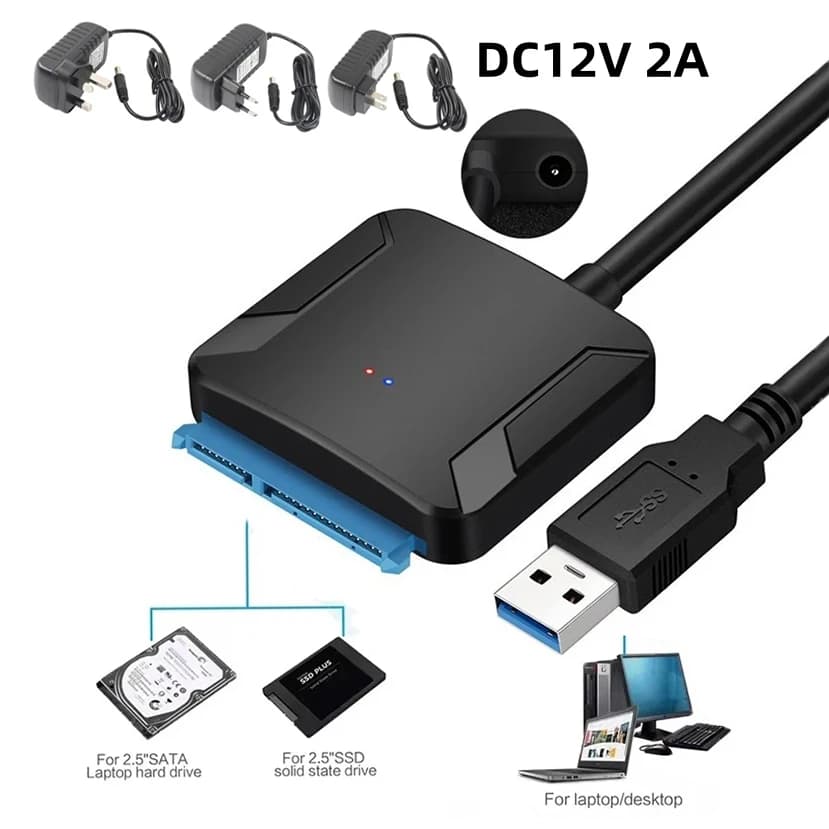 SATA cable 7+15 pin to USB 3.0 for external HDD SSD UASP SATA III 3.5/2.5 inch Converter for hard drive with 12V/2A power adapter