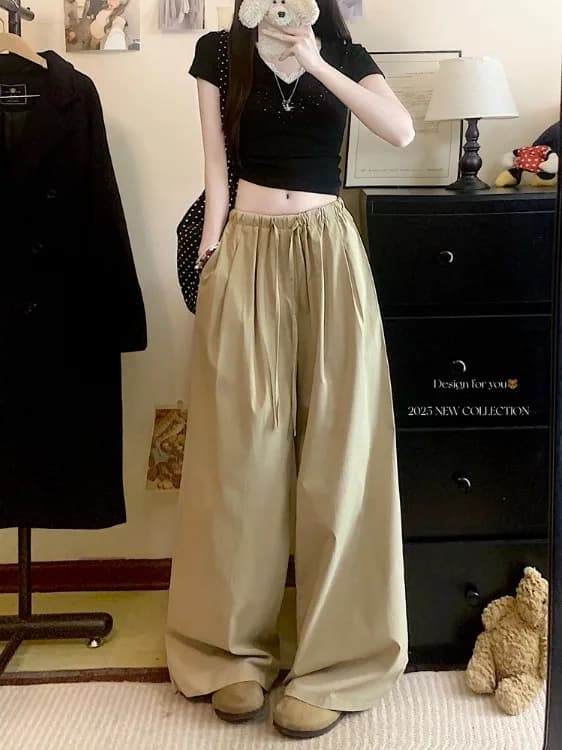 Pantaloni Casual da Donna a Vita Alta con Pieghe, Gamba Larga e Cintura, Effetto Snellente, Nuovo Stile Estivo
