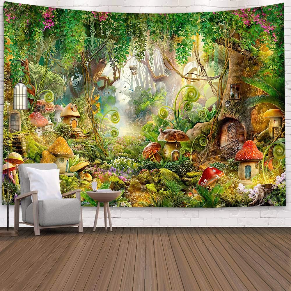 Fairy Tale Forest Tapestry Wall Hanging Fantasy Magic Garden Mushroom Aesthetic Kid Baby Bedroom Living Room Dorm Party Decor