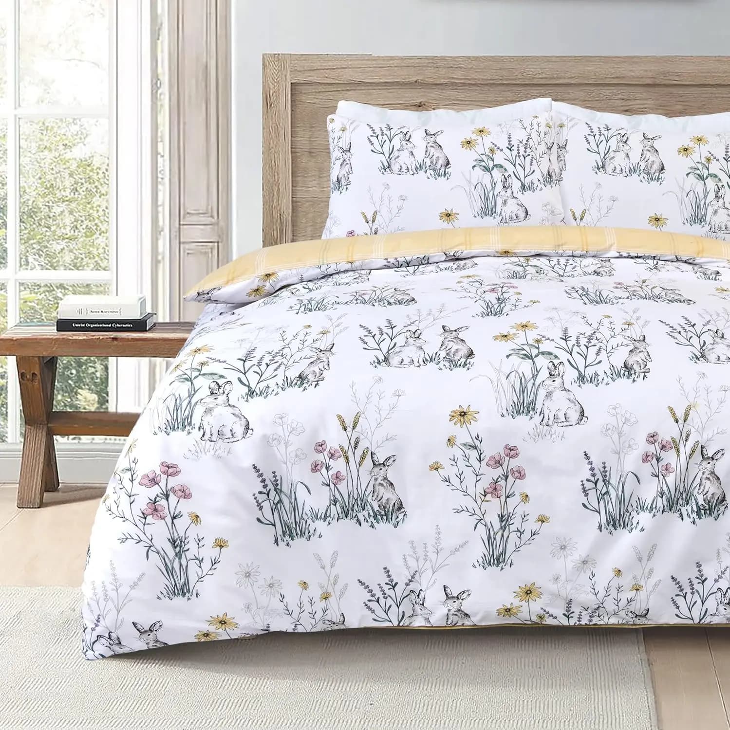 Rabbit Meadow Floral White Ochre Plaid Check Reversible Duvet Cover Quilt Pillow Cases Bedding Set Soft Easy Care - King