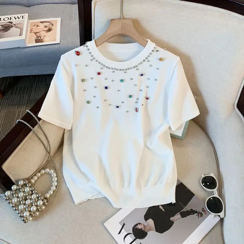 Abbigliamento donna Chic Color Diamonds o-collo t-shirt manica corta estate moda allentata tutto-fiammifero maglia Top Tee Office Lady Pullover