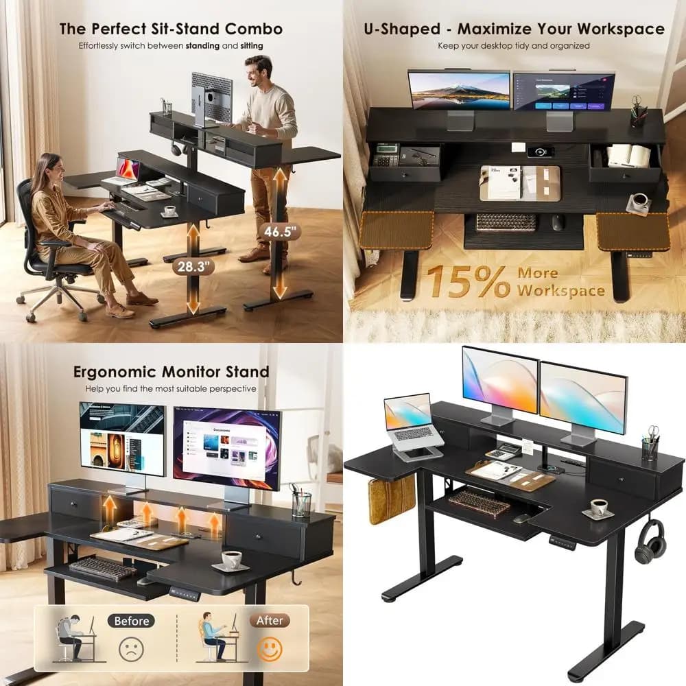 Electric Desk Adjustable in Height from 55 Inches with Tasting Tray and Ergonomic Support for Monitor - Black for Home or Office