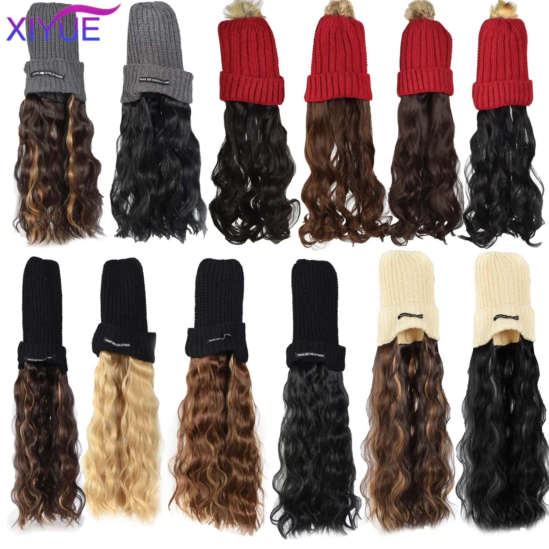 Blonde Unicorn Hat wigs Cap with Hair Hat Wig Brown Body Wavy Wig Connect Synthetic Hair Women Daily Party High Temperature