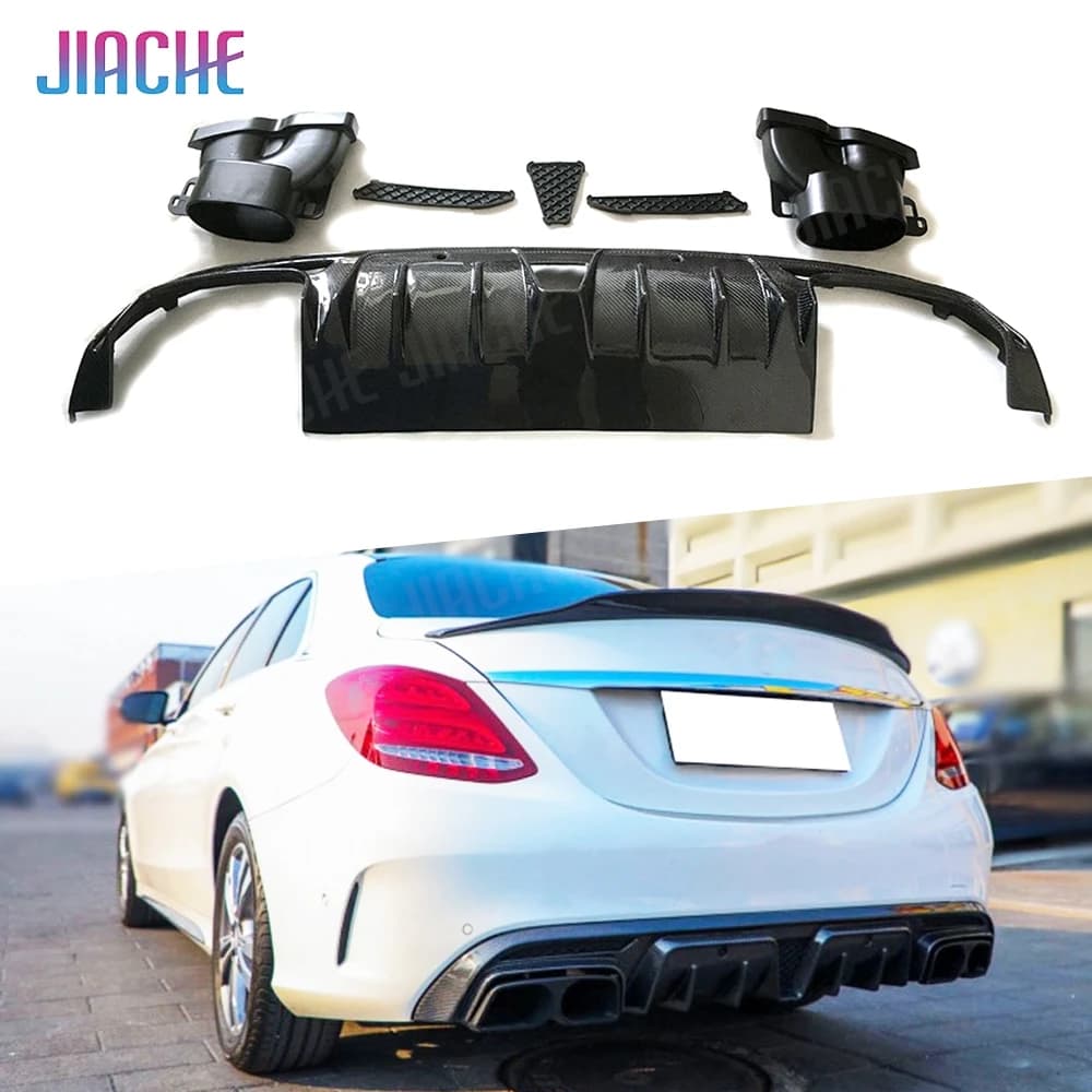 JIACHE Carbon Fiber Rear Bumper Lip Diffuser Spoiler With Exhaust Tip For Mercedes Benz C Class W205 C200 C300 C63 For AMG 15-19