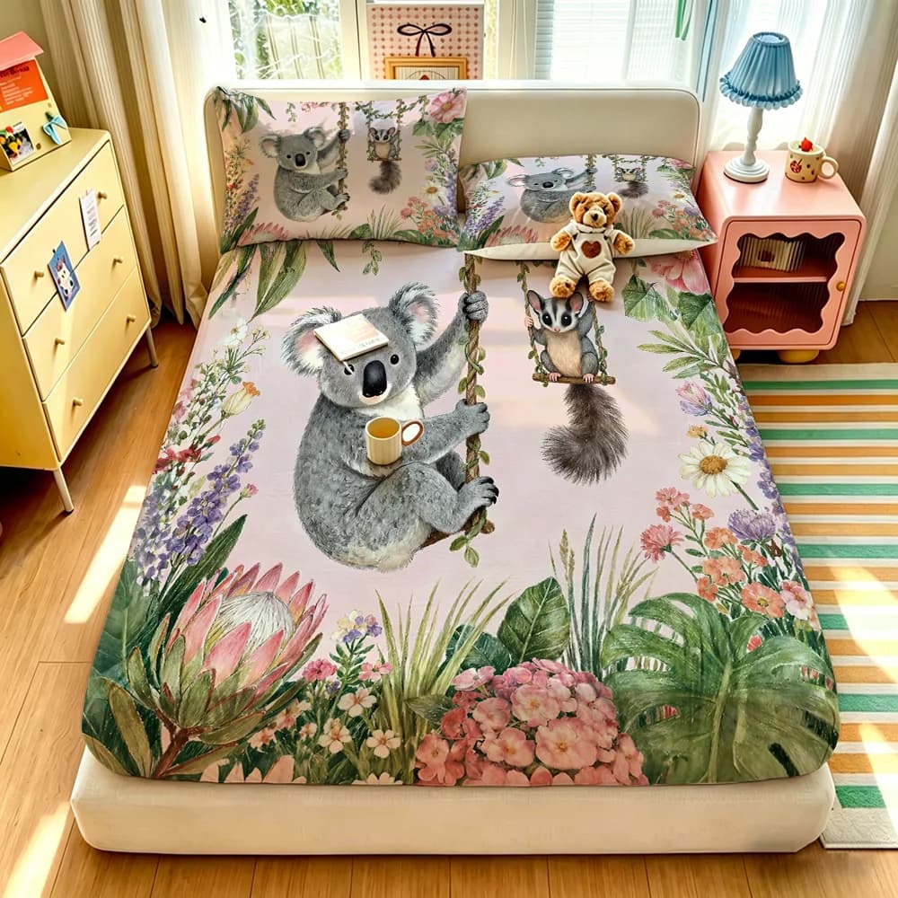 3pcs Cartoon Kangaroo Printed Chipless Bed Sheet Set, Multi Size Soft Bed Cover, Bedroom Bedding, Gift Decoration