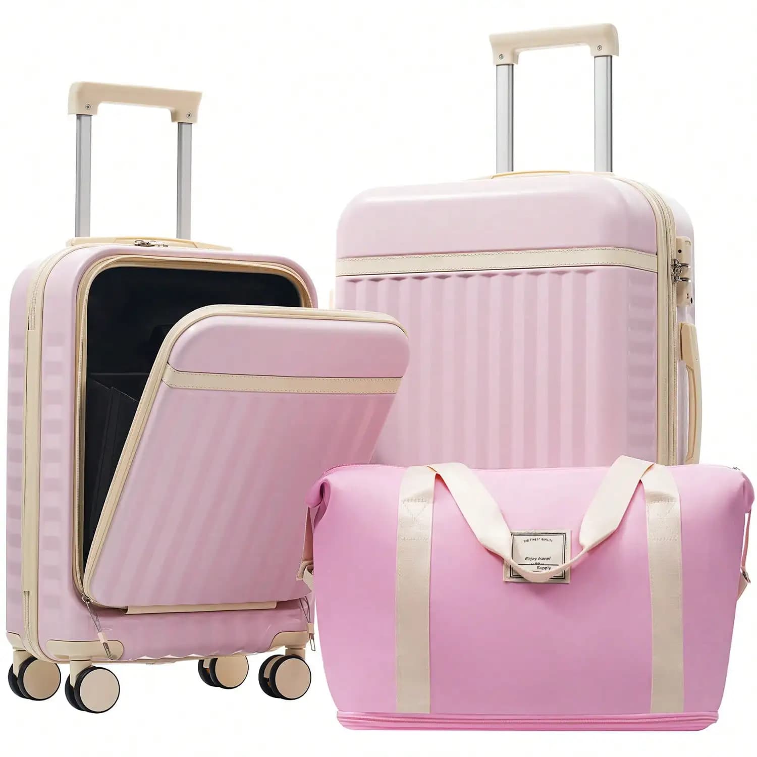 Front Opening Luggage Set 3 Piece, Hardside Carry On Suitcase With USB Port, Expandable Luggage With Handle Bag Spinner Wheels TSA Lock,Pink