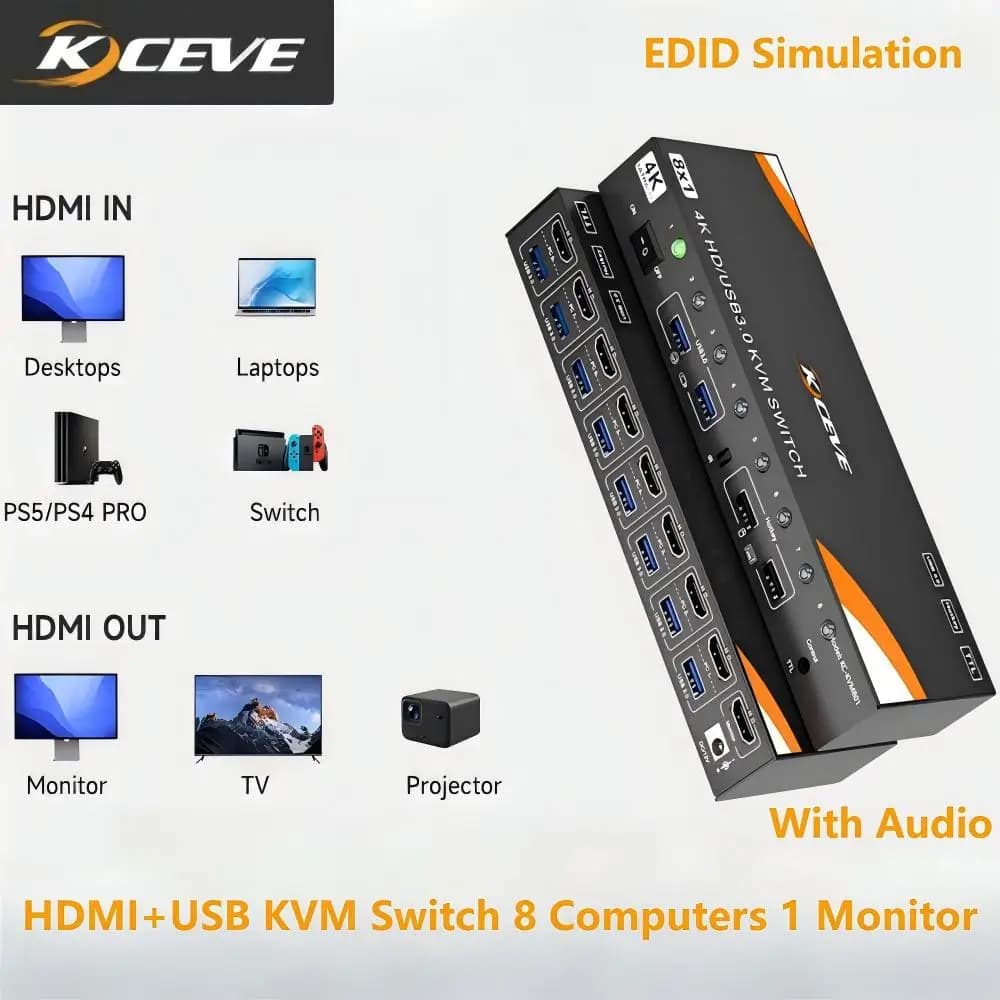 USB 3.0 KVM Switch 8/10 Computers 1 Monitor 4K@60Hz EDID Simulation,HDMI Switch for 8/10 Computers Share 1 Monitor 4 USB Devices