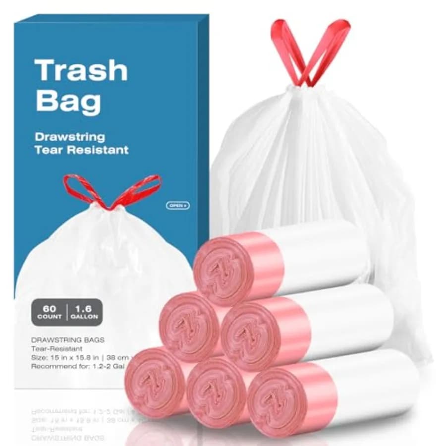 1.6 Gallon Drawstring Trash Bags - 60 Count White Small Garbage Bags, Unscented Strong Plastic Waste Basket Liners for Home/Off