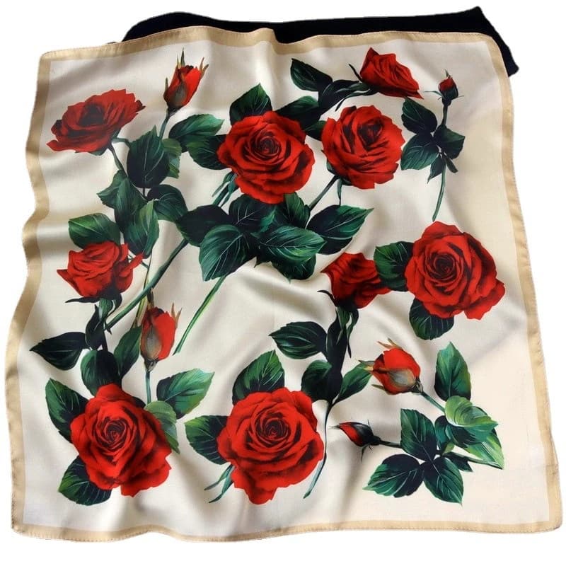 53CM Square Pure Silk Square Scarf 100% Mulberry Silk Decorative Rose Design Hairband Necktie Small Neckerchief for Women