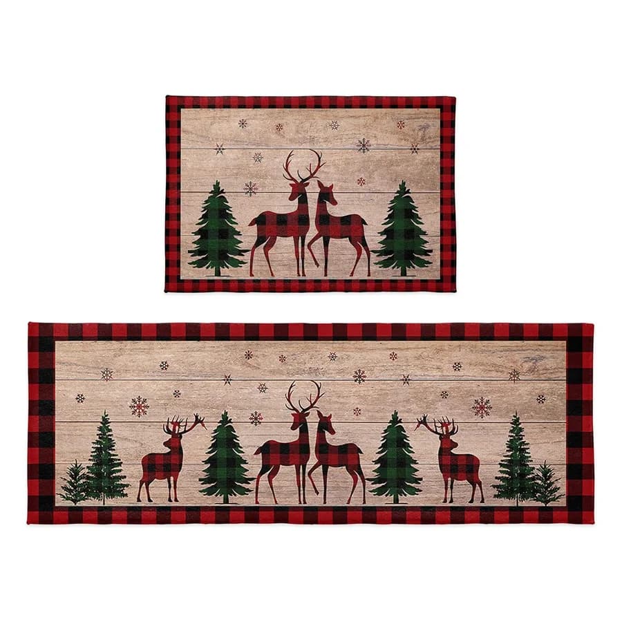 Christmas Reindeer Xmas Tree Wood Grain Kitchen Mat Decor Red Black Plaid Anti-slip Corridor Balcony Rug Bedroom Beside Foot Mat