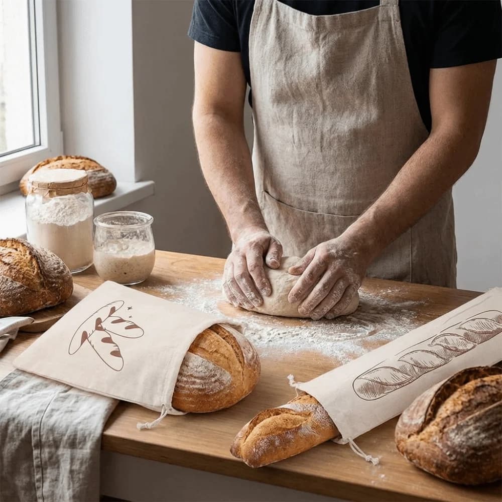 2 Sacchetti Grandi in Lino per Pane, Ecologici, Lavabili e Riutilizzabili, Contenitori per Conservazione Alimenti