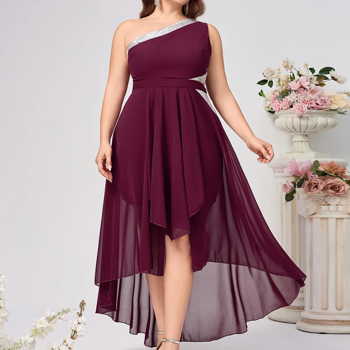 New plus Size Women's Dress Pure Color Long Gown Asymmetrical Shoulder Design Elegant Style Knitted Polyester Spring Season