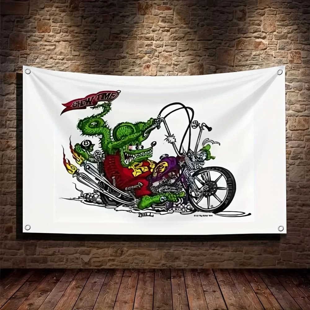 Comic Monster Showtime Flag Tapestry Retro Cartoon Bike Wall Decor Banner Green Creature Illustration Pop Culture Art 60x90cm 24