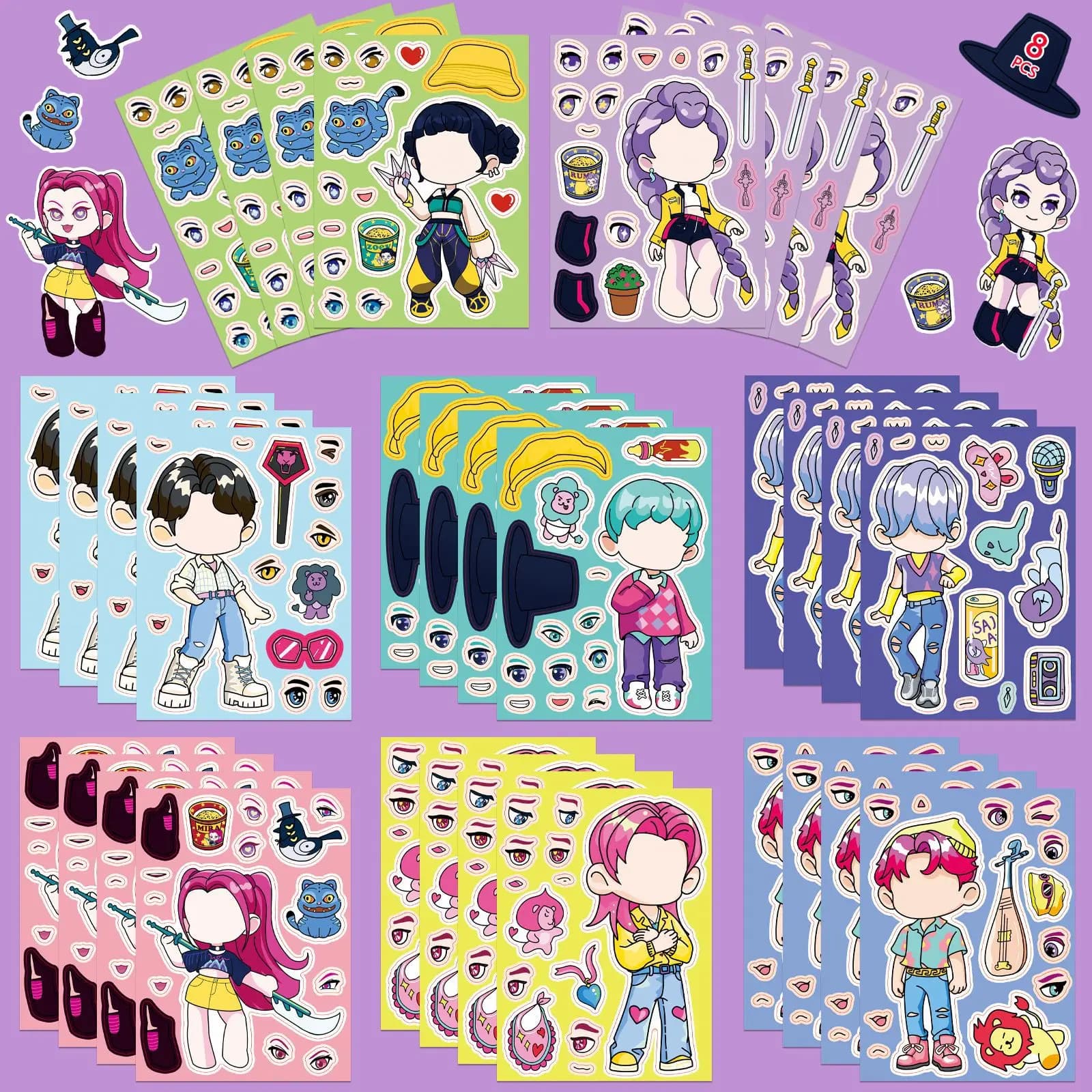 8 adesivi puzzle Anime Make a Face, decalcomanie KPOP dei cartoni animati per materiale scolastico di cancelleria, telefono, valigia, notebook