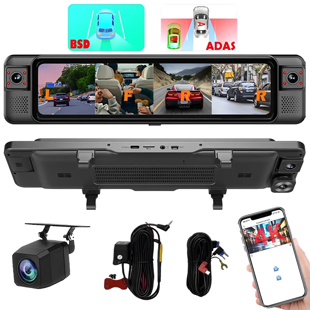 Touch Screen da 12 pollici 4K HD Camera Dash Car Cam Monitor di parcheggio Specchietto retrovisore per auto Supporto per 4 registrazioni BSD/ADAS/G-Sensor/APP Wifi