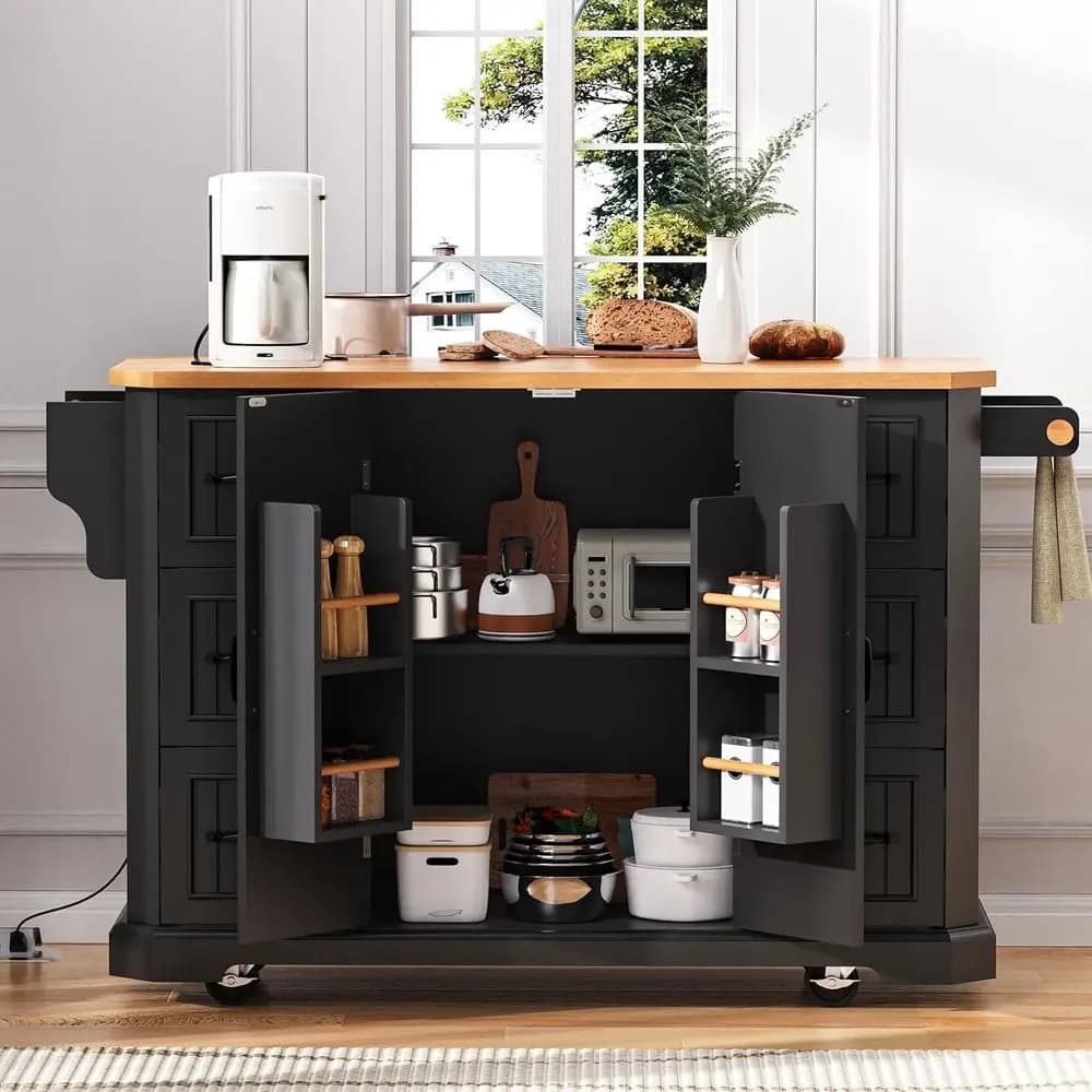 Carrello da Cucina Nero 55.5 con Piano Pieghevole, Presa di Corrente, 6 Cassetti, Ripiano Portaoggetti, Mensole Regolabili, Portaspezie e Portasciugamani