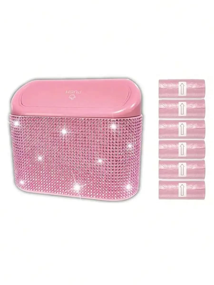 Shiny Pink Rhinestone Car Trash Can With Lid And Garbage Bags Set