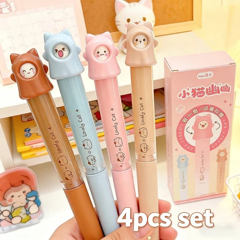 4Pcs/Set Lovely Cat Gel Pens 0.5mm Black Ink Neutral Pen Smooth Writing Rotating Gel Pen Funny Stationery School Student Supply