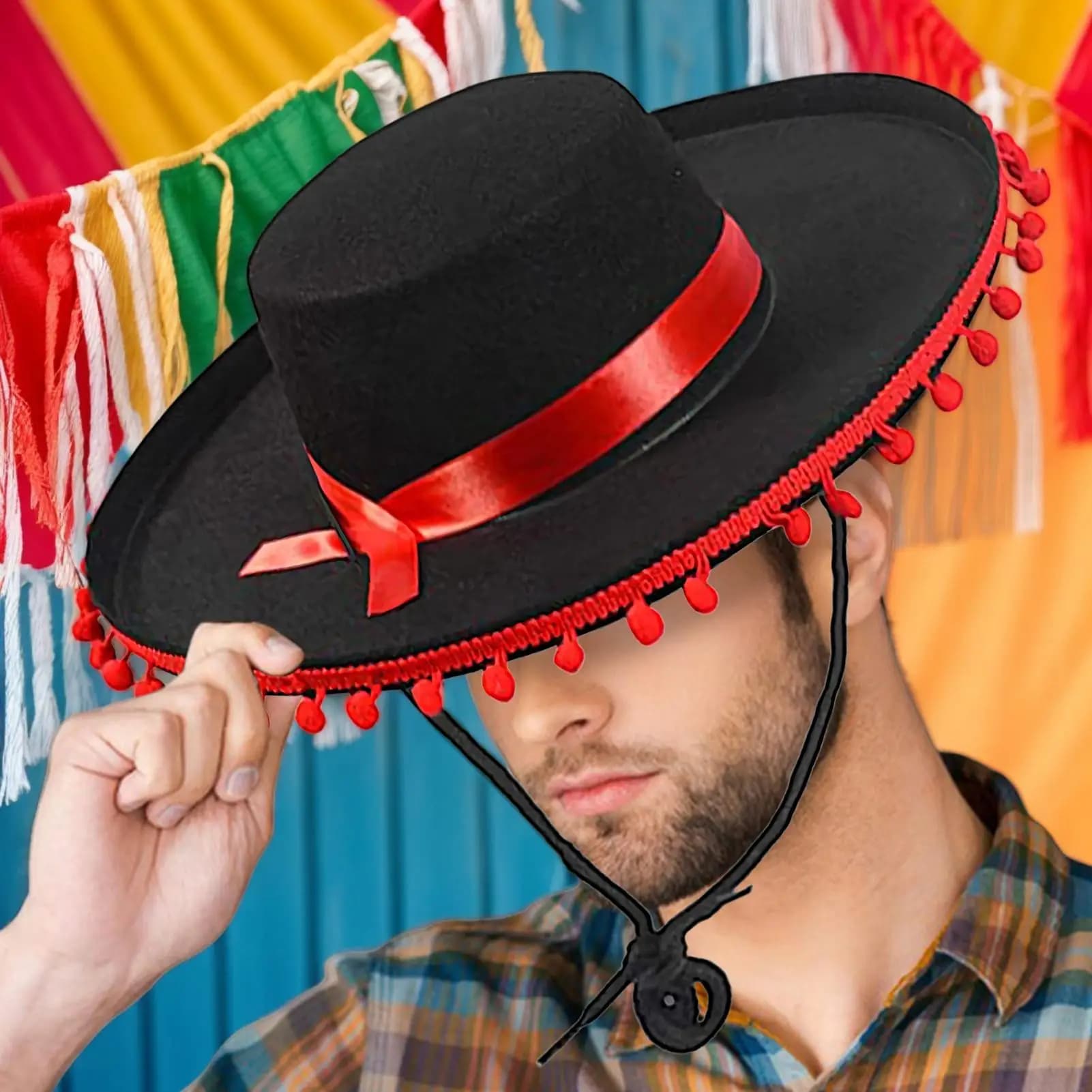 Cappello in Stile Spagnolo, Morbido Sombrero Tradizionale, Cappelli Zoro con Pompon per Halloween, Sombrero Messicano a Tesa Larga, Accessori per Outfit