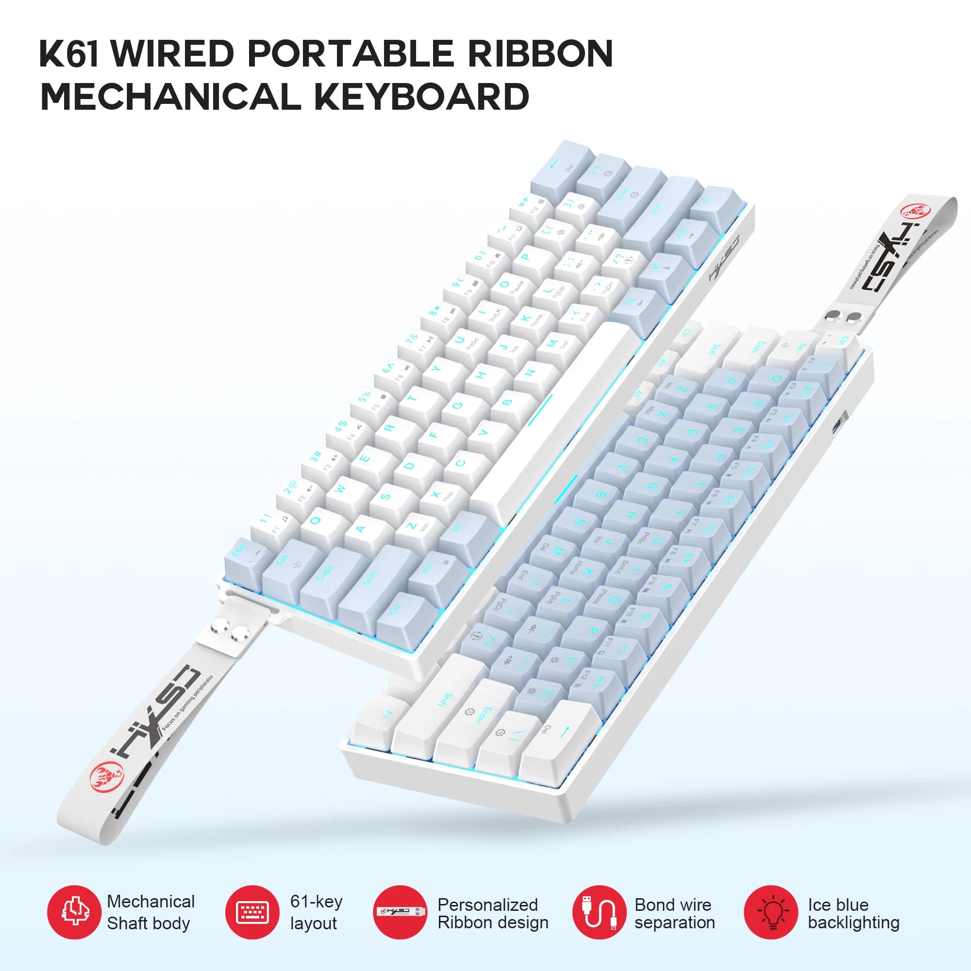HXSJ K61 61 Keys Wired Mechanical Keyboard Red Blue Switch 13 Ice Backlight Full Key Rollover Custom Programmable Keyboard