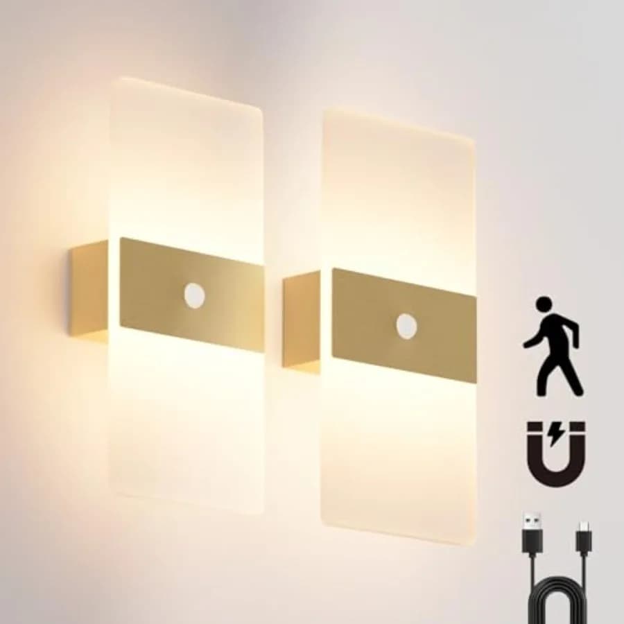 Set di 2 Luci da Parete con Sensore di Movimento, Lanterna LED Moderna Senza Fili a Batteria, Applique Decorativa Wireless a Luce Calda