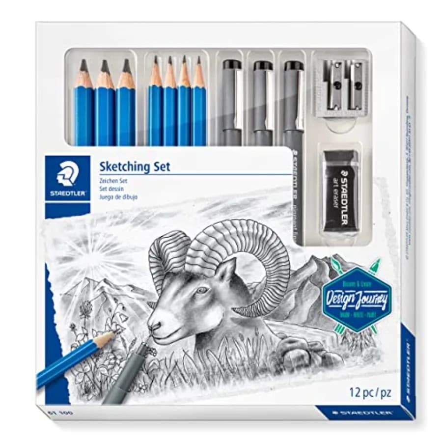 Mars Lumograph Art Set Drawing Kit with Art Pencils, Drawing Pens, Eraser and Double Hole Sharpener 61 100