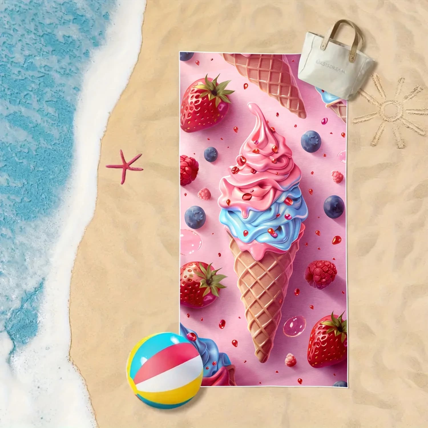 Outdoor rug with ice cream print of strawberries and blueberries, super absorbent and soft sea towel for swimming pool, yoga, travel, holidays